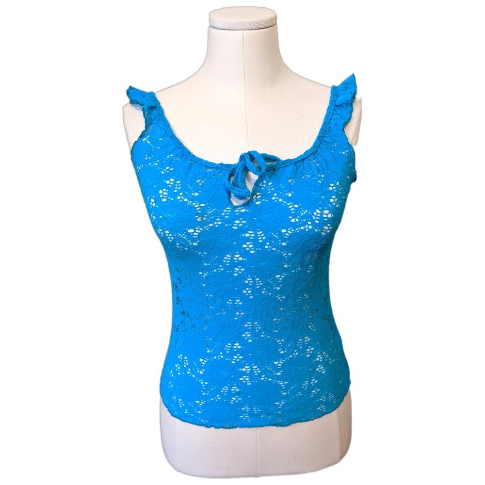 Y2K Suzy Shier Blue Lace Knit Top Ruffle Cottage Front Tie Peasant Tank Vtg Sz S